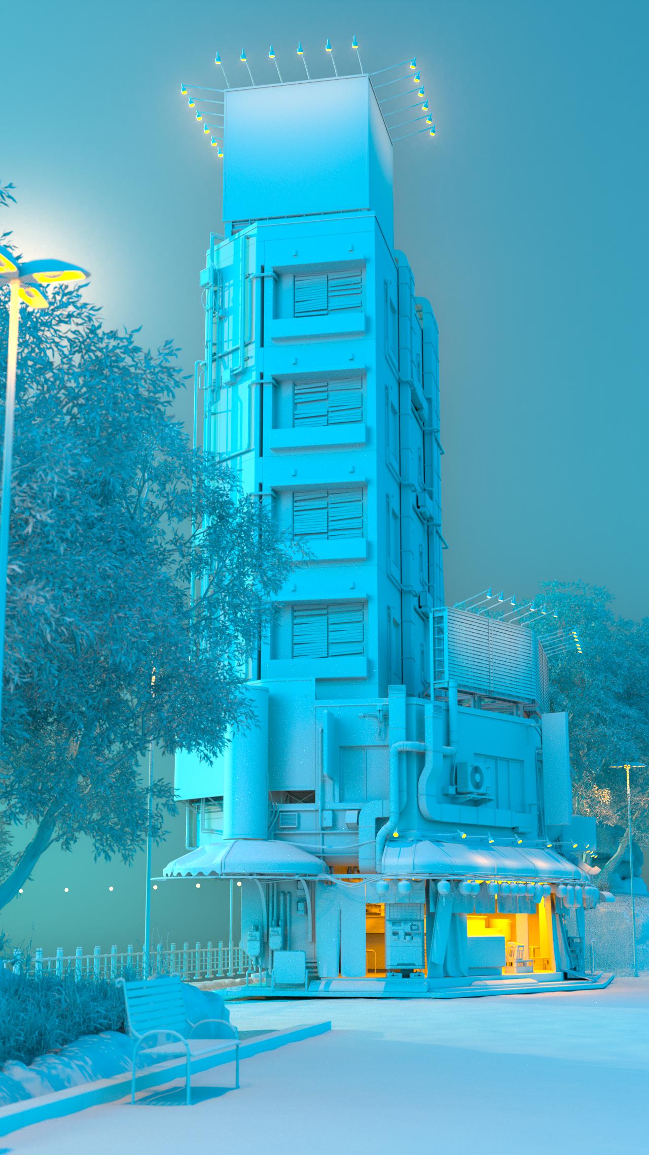 The same building rendered as a clay pass, showing only the cold fog key and the warm interior and street practicals