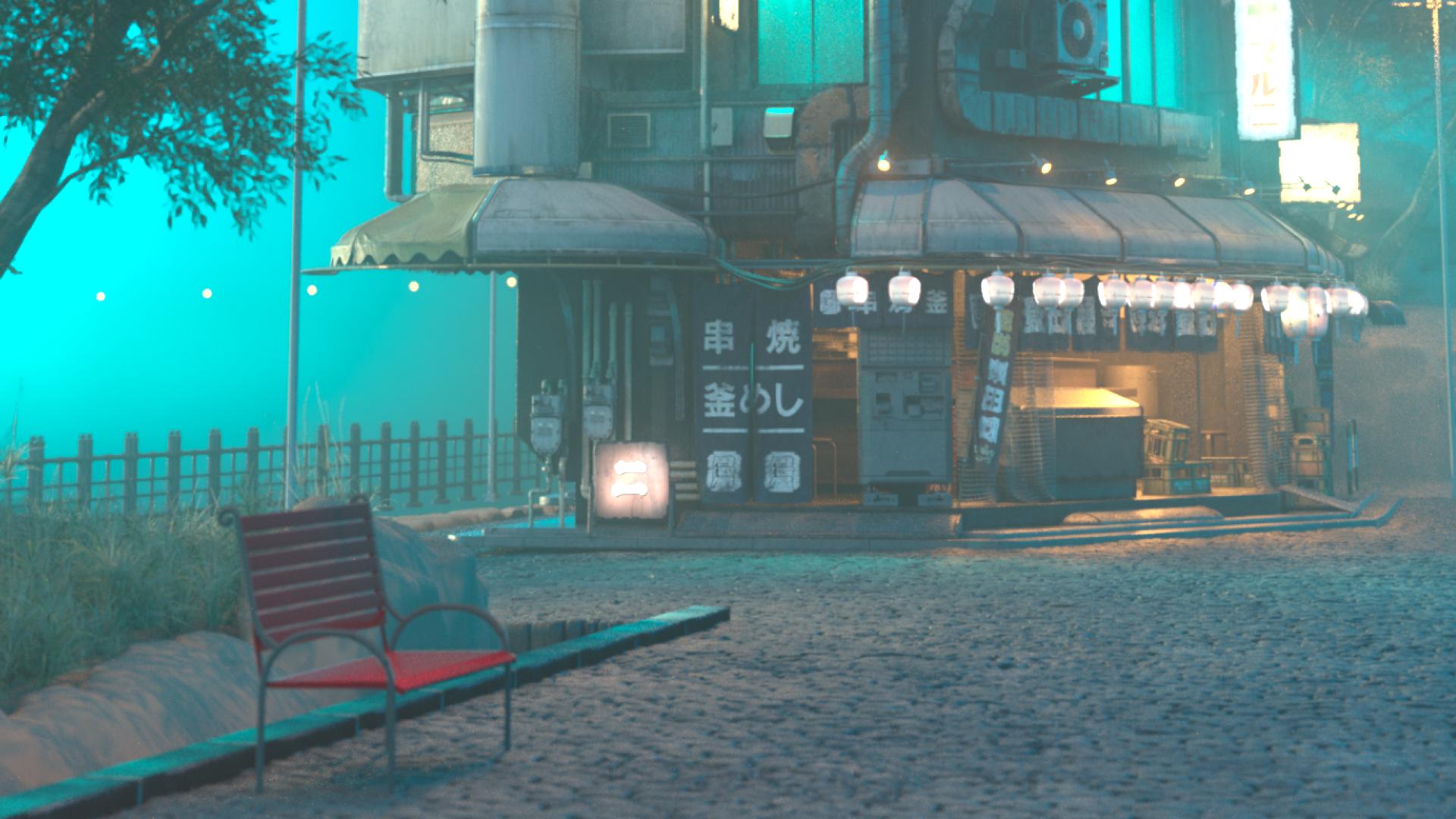 Street-level corner shop at blue hour, paper lanterns glowing under worn awnings, a red bench in the foreground and cyan fog behind