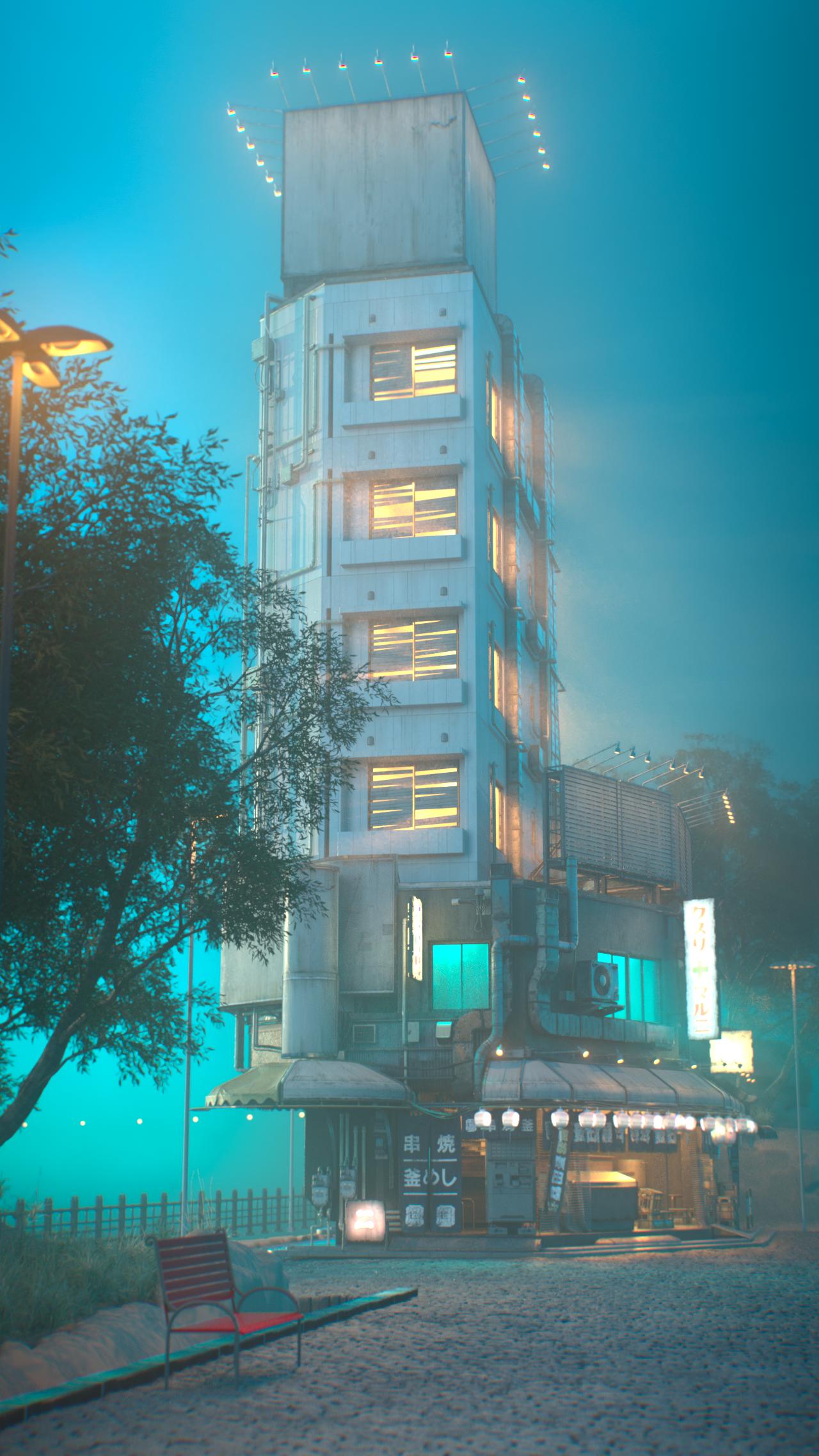 Full view of a tall, narrow concrete building in cyan fog, warm light behind slatted windows, rooftop lamps and a lantern-lit shop at street level